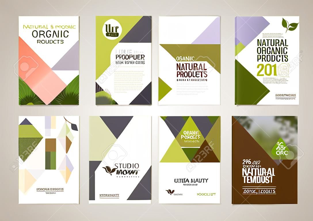 Coleção de modelos de design de capa de folheto de produtos naturais e orgânicos e modelos de layout de folheto. Ilustrações vetoriais para material de marketing, anúncios e revistas, modelos de apresentação de produtos naturais.