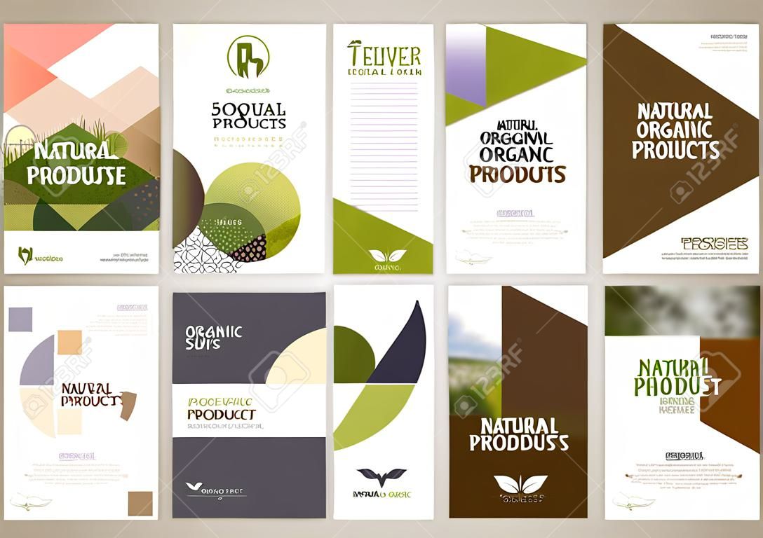 Doğal ve organik ürünler broşürü kapak tasarımı ve broşür düzeni şablonları koleksiyonu. Pazarlama materyali, reklamlar ve dergiler için vektör illüstrasyonları, doğal ürünler sunum şablonları.