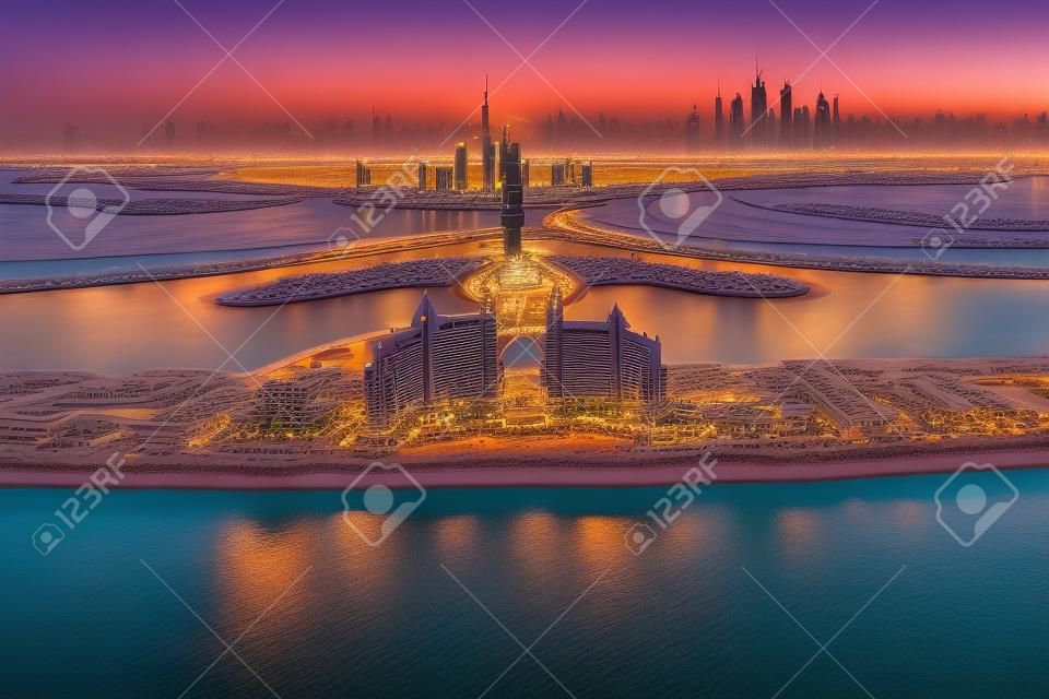 Skyline di Dubai al tramonto. Vista panoramica da Palm Island