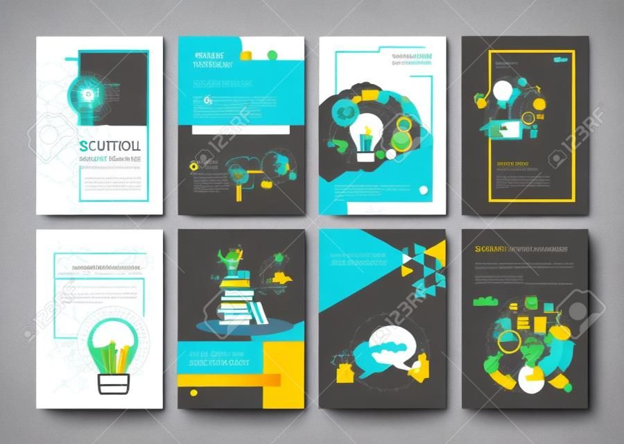 Ensemble de modèles de conception de brochures sur le thème de l'éducation, l'école, l'apprentissage en ligne. Illustrations vectorielles pour la mise en page de flyer, matériel de marketing, couverture du rapport annuel, modèle de présentation.