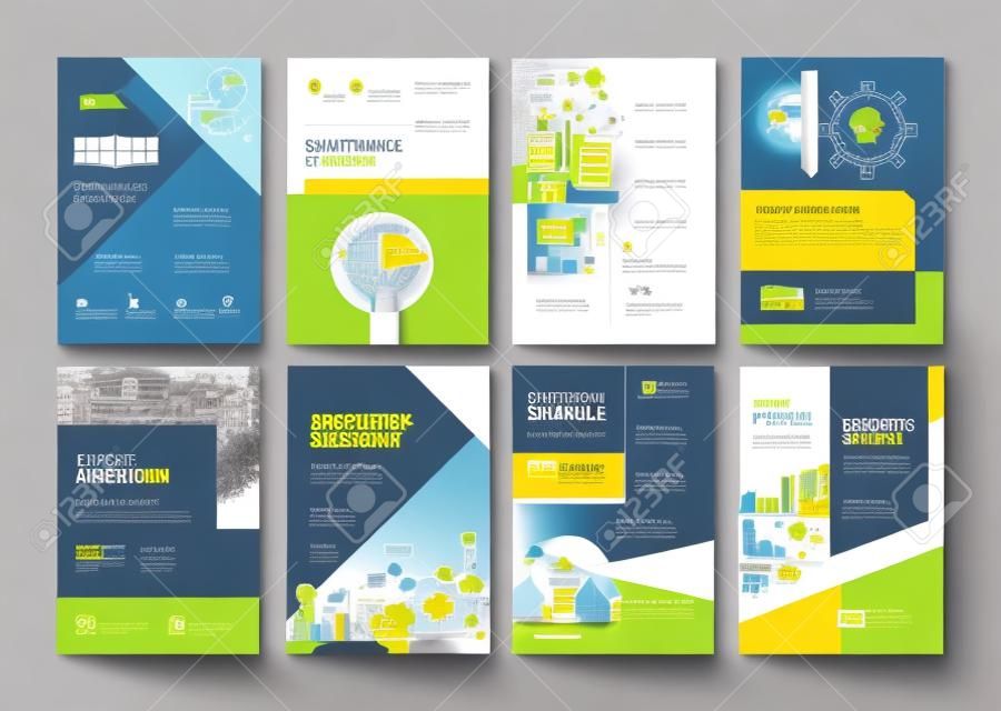 Набор шаблонов дизайна брошюры на тему образования, школы, онлайн-обучения. Векторные иллюстрации для макета флаера, маркетинговых материалов, обложки годового отчета, шаблона презентации.