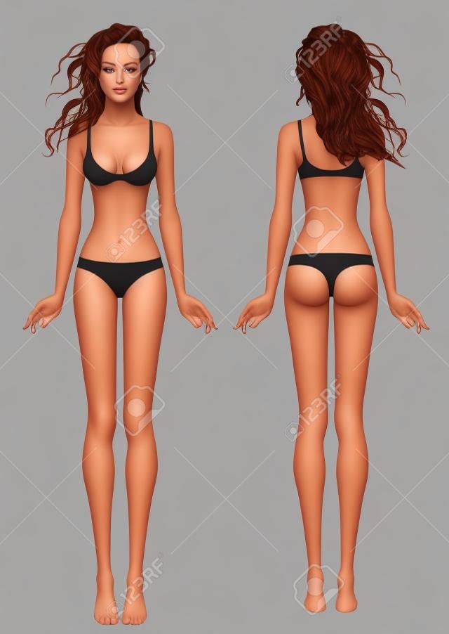 Modelo de corpo da jovem mulher europeia: frente e verso.