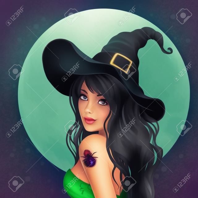 Halloween ilustracji: młoda ładna czarownica z magii kapelusz