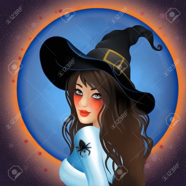Halloween ilustracji: młoda ładna czarownica z magii kapelusz