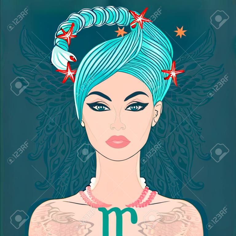 Illustration of Scorpio zodiac sign as a beautiful girl. Vector illustration. 