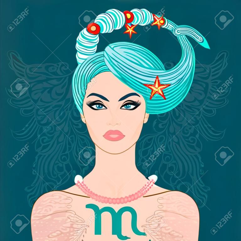 Ilustración de Escorpio signo del zodiaco como una muchacha hermosa. Ilustración del vector.