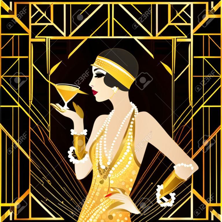 Flapper lány: Retro party meghívó design sablon. Vektoros illusztráció.