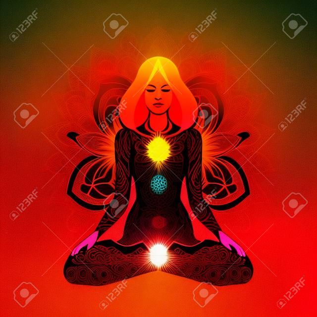 Donna ornato sagoma seduta in posa di loto. Meditazione, aura e chakra. Illustrazione vettoriale.