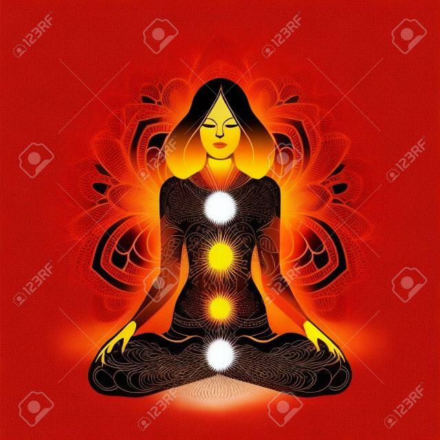 Silueta adornada de mujer sentada en postura de loto. Meditación, aura y chakras. Ilustración vectorial