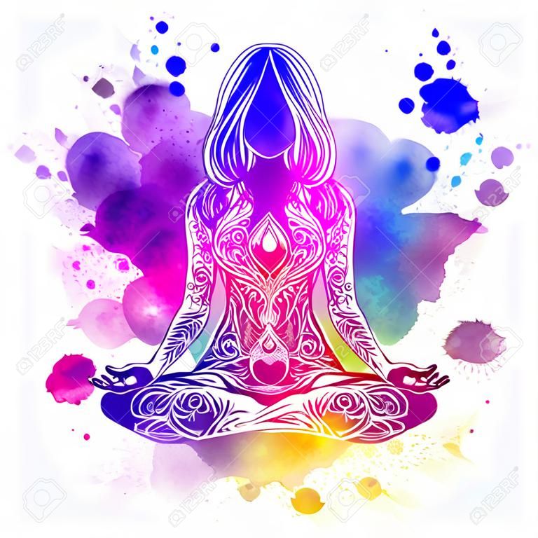 Woman ornate silhouette sitting in lotus pose. Meditation concept. Vector illustration. Over colorful watercolor background.