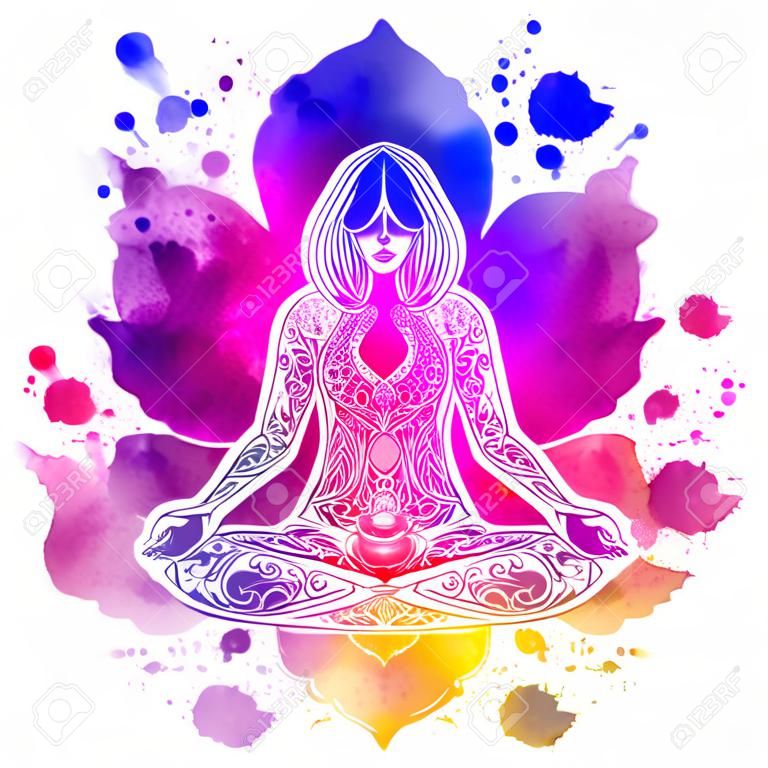 Woman ornate silhouette sitting in lotus pose. Meditation concept. Vector illustration. Over colorful watercolor background.