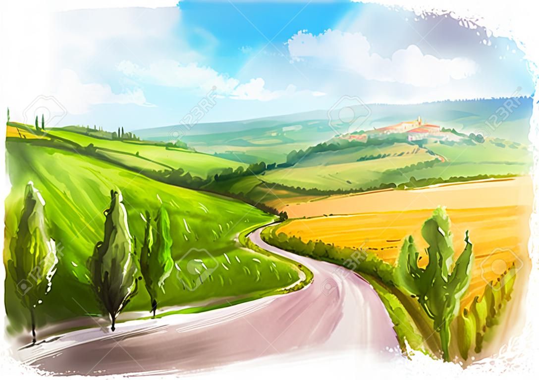 Tuscany: Rural landscape with fields and hills. Watercolor Illustration.