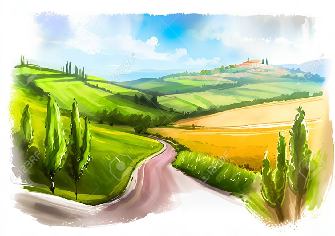 Tuscany: Rural landscape with fields and hills. Watercolor Illustration.
