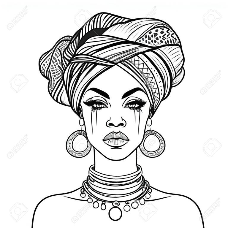 Afro-amerikai csinos lány. Vektoros illusztráció fekete nő, fényes ajkak és turbán. Nagy az avatarok számára. Illusztráció elszigetelt fehér. Felnőtteknek szóló színező könyv.