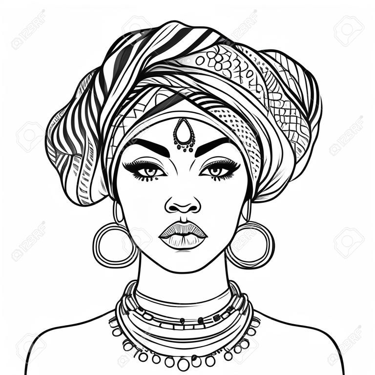 African American pretty girl. Vector Illustration of Black Woman with glossy lips and turban. Great for avatars. Illustration isolated on white. Coloring book for adults.