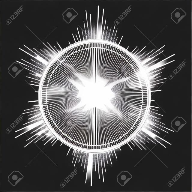Rays of light as a halo. Hand drawn vector illustration isolated on black in vintage engraved style. Line art tattoo template. Scrapbook element. Symbol of pride and glory