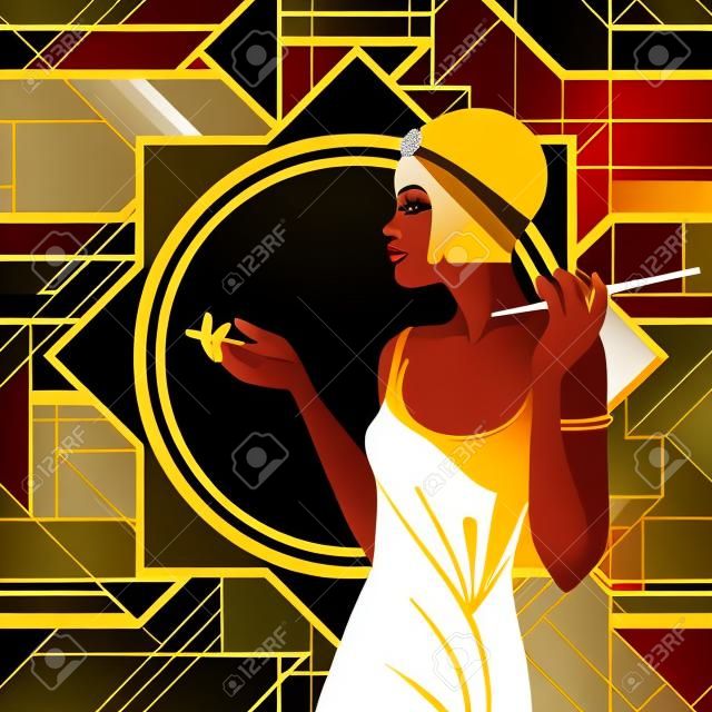 Retro Mode: Glamour Mädchen von zwanziger Jahren (African American Frau). Vektor-Illustration. Flapper 20's Stil. Weinlese-Party Einladungsentwurfsschablone. Fancy schwarze Dame.