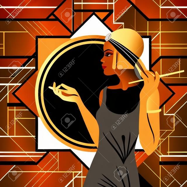 Retro fashion: glamour girl of twenties (African American woman). Vector illustration. Flapper  20's style. Vintage party invitation design template. Fancy black lady.