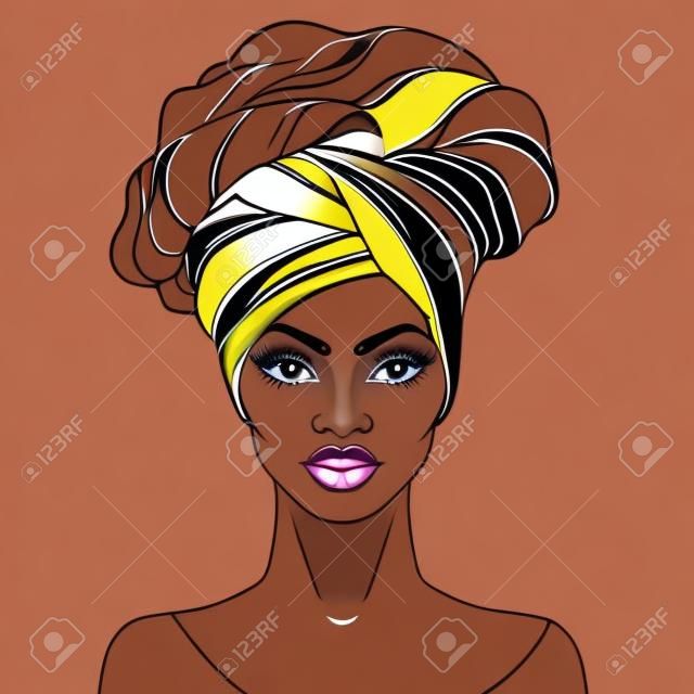 Menina bonita americana africana. Ilustração vetorial da mulher preta com lábios brilhantes e turbante. timo para avatares. Ilustração isolada no branco. Livro de colorir para adultos. Gráfico facial.