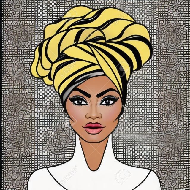 Afroamericana bella ragazza. Illustrazione vettoriale di donna nera con labbra lucide e turbante. Ottimo per gli avatar. Illustrazione isolato su bianco. Libro da colorare per adulti. Face chart.
