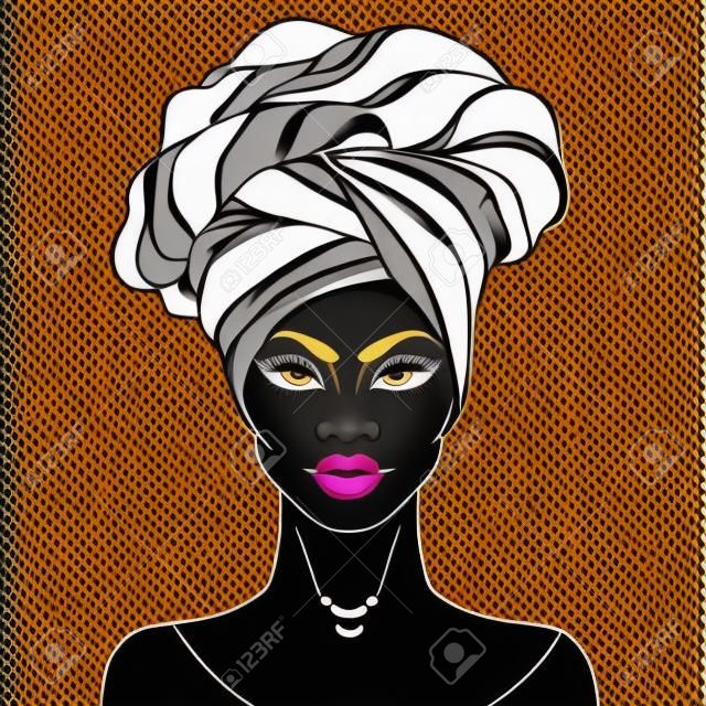Hübsches Mädchen des Afroamerikaners Vektor-Illustration der schwarzen Frau mit den glatten Lippen und dem Turban. Ideal für Avatare. Abbildung getrennt auf Weiß. Malbuch für Erwachsene. Gesichtsdiagramm.