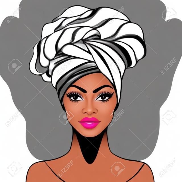 African American pretty girl. Vector Illustration of Black Woman with glossy lips and turban. Great for avatars. Illustration isolated on white. Coloring book for adults. Face chart.