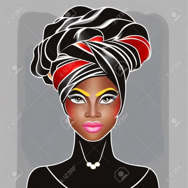 African American pretty girl. Vector Illustration of Black Woman with glossy lips and turban. Great for avatars. Illustration isolated on white. Coloring book for adults. Face chart.