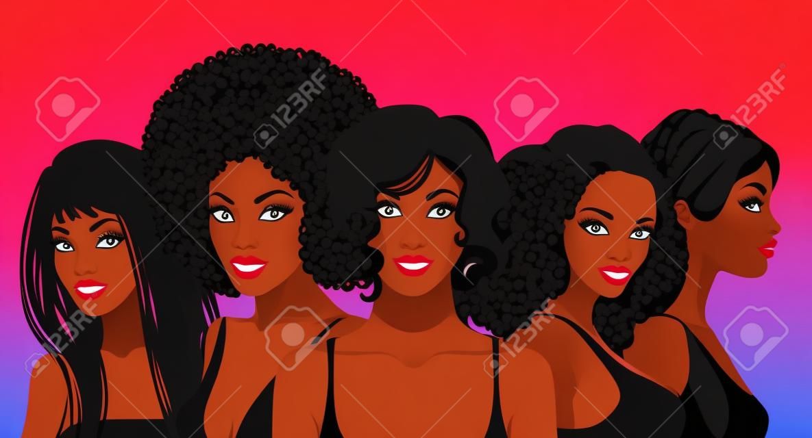 Grupo de meninas bonitas afro-americanas. Retrato feminino. Conceito de beleza preta. Ilustração vetorial da mulher negra. timo para avatares. Moda, beleza