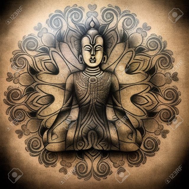 Sentado silueta de Buda sobre ornamental flor de loto. Esotérico ilustración vectorial. Vintage decorativo, indio, Buddhism, arte espiritual. Hippie tatuaje, espiritualidad, dios tailandés, yoga zen.