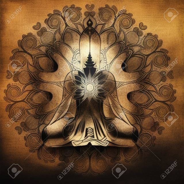 Assis la silhouette de Bouddha sur la fleur de Lotus ornementale. Illustration vectorielle ésotérique. Cru décoratif, indien, bouddhisme, art spirituel. Hippie tatouage, spiritualité, dieu thaïlandais, yoga zen.