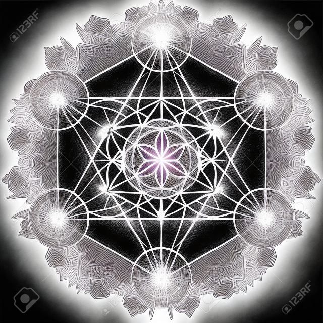 Modèle de mandala décoratif avec motif géométrique sacré Metatron Cube, symbole puissant, Flower of Life. L'alchimie, la philosophie, la spiritualité. Conception de la couverture musicale, du t-shirt, de l'affiche, du flyer. Astrologie.
