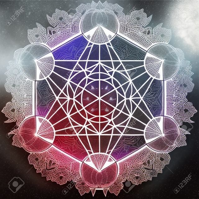 
Decorative mandala round pattern with sacred geometry element Metatron Cube, powerful symbol, Flower of Life. Alchemy, philosophy, spirituality. Design music cover, t-shirt, poster, flyer. Astrology. 