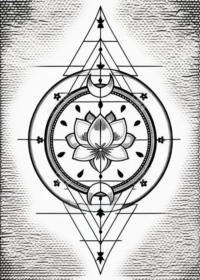 蓮花和神聖幾何學。阿育吠陀象徵著和諧與平衡，宇宙。紋身肉設計，瑜伽標誌。波西米亞風印花，海報，T卹紡織品。抗壓力書。孤立的矢量圖。