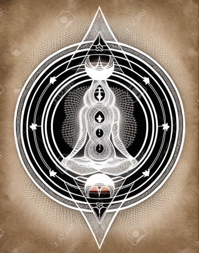 Woman ornate silhouette sitting in lotus pose and Sacred Geometry. Ayurveda symbol of harmony and balance. Tattoo design, yoga logo. poster, t-shirt textile. Anti stress book. Isolated vector.