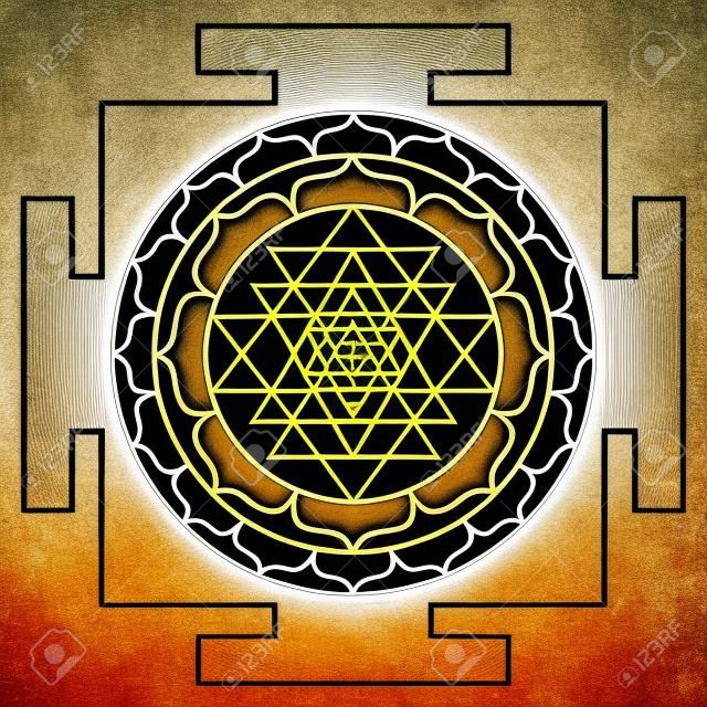 Sri Yantra 또는 Sri Chakra, 신비한 도표의 형태, 힌두교 탄트라 상징의 Shri Vidya 학교. 신성한 기하학 벡터 디자인 요소입니다. 벡터 일러스트 레이 션. 연금술, 신비주의, 영성.