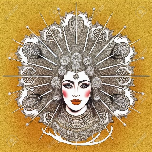 Tribal Fusion Boho Goddess. Beautiful divine diva girl with ornate crown, kokoshnik inspired. Bohemian goddess. Hand drawn elegant illustration. Lotus flower, ethnic art, patterned Indian paisley.
