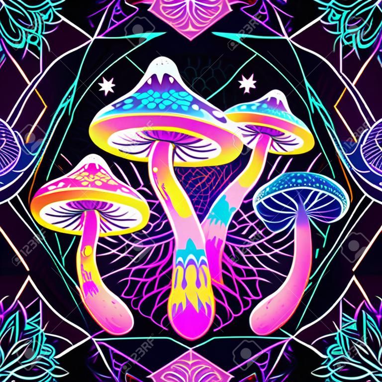 신성한 기하학 위에 마법의 버섯이 있는 환각 원활한 패턴입니다. 벡터 반복 그림입니다. 환각 개념입니다. 레이브 파티, 트랜스 음악. 밀교 예술.