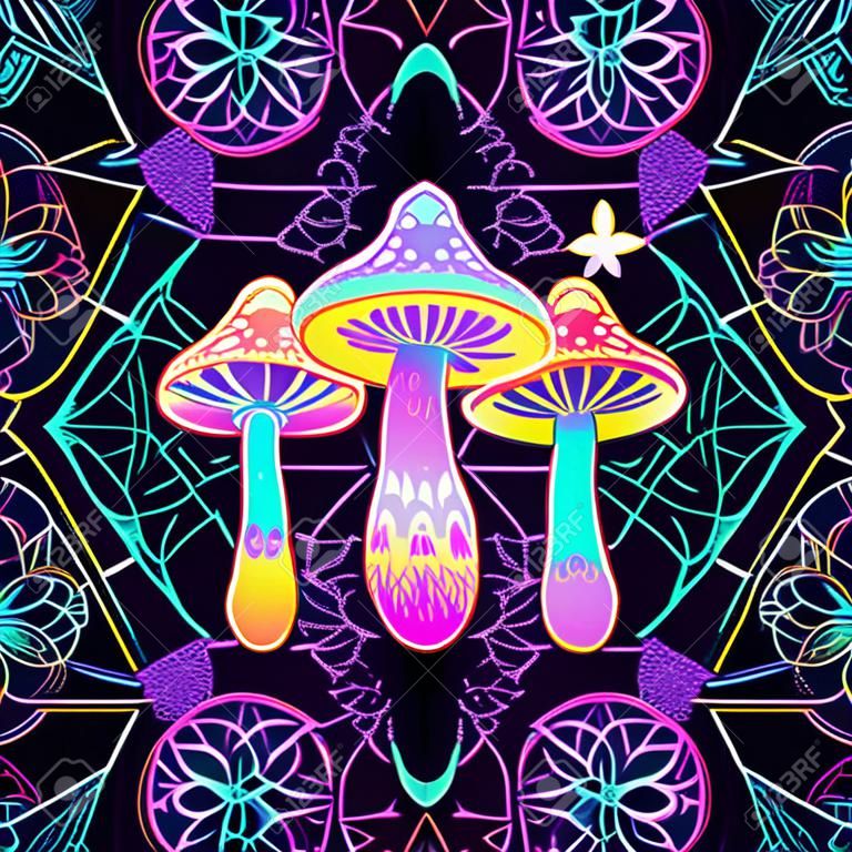 신성한 기하학 위에 마법의 버섯이 있는 환각 원활한 패턴입니다. 벡터 반복 그림입니다. 환각 개념입니다. 레이브 파티, 트랜스 음악. 밀교 예술.