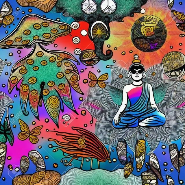 Padrão sem emenda psicodélico: cogumelos triplos, sinal de paz, Buda ácido, borboletas, olho que tudo vê, mandala. Fundo com elementos de drogas trippy apedrejados no estilo dos quadrinhos dos desenhos animados.