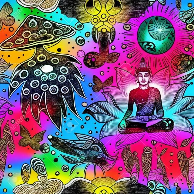 Padrão sem emenda psicodélico: cogumelos triplos, sinal de paz, Buda ácido, borboletas, olho que tudo vê, mandala. Fundo com elementos de drogas trippy apedrejados no estilo dos quadrinhos dos desenhos animados.
