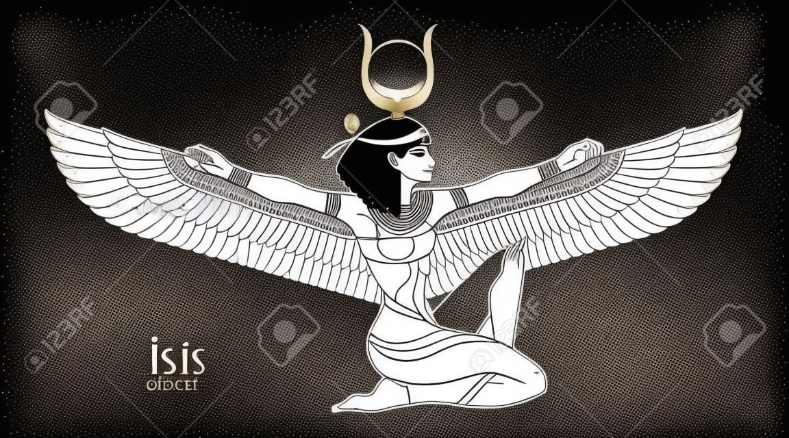 イシス、エジプト神話の生命と魔法の女神。古代エジプトの最も偉大な女神の一人は、女性、子供を保護し、病気を癒します。白黒でのベクター分離イラスト。翼を持つ女性。