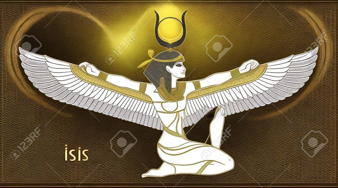 Isis, goddess of life and magic in Egyptian mythology. One of the greatest goddesses of Ancient Egypt, protects women, children, heals sick. Vector isolated illustration in black and white. Winged woman.