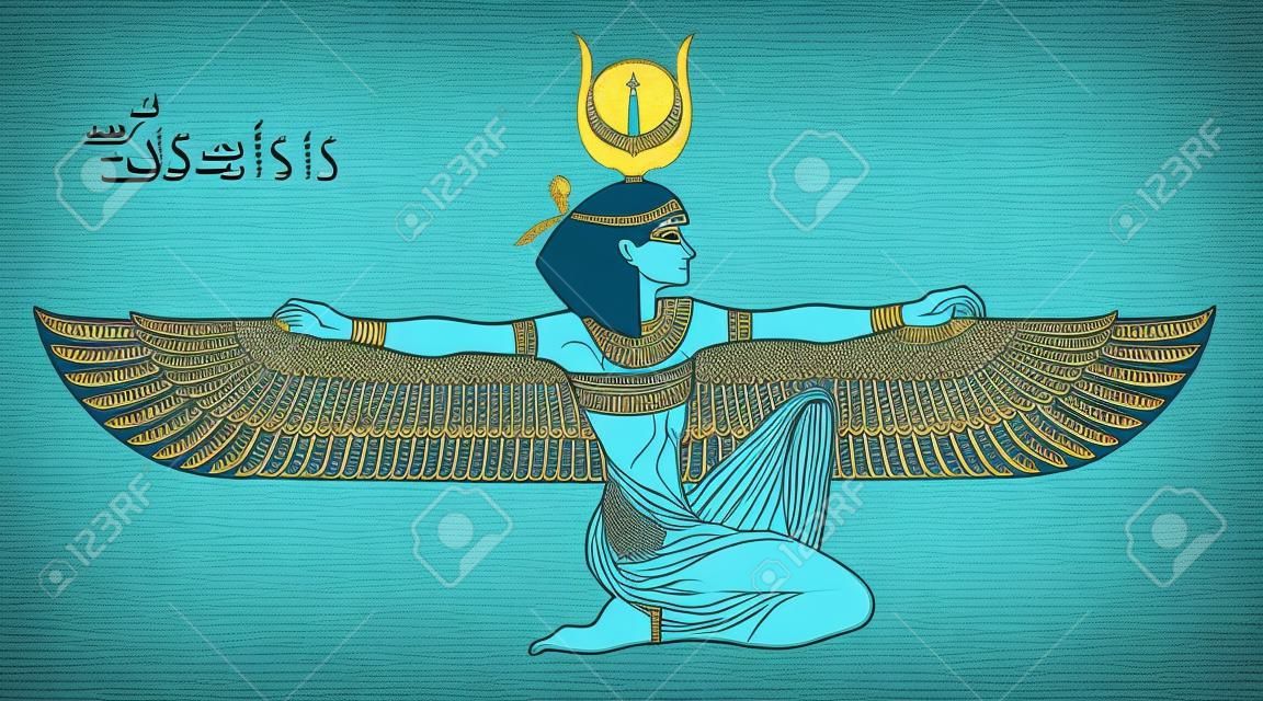 Isis, godin van het leven en magie in de Egyptische mythologie. Een van de grootste godinnen van het oude Egypte, beschermt vrouwen, kinderen, geneest ziek. Vector geïsoleerde illustratie. Gevleugelde vrouw. Print, poster.