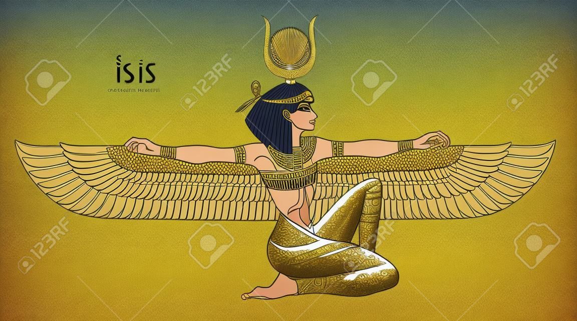 Isis, goddess of life and magic in Egyptian mythology. One of the greatest goddesses of Ancient Egypt, protects women, children, heals sick. Vector isolated illustration. Winged woman. Print, poster.