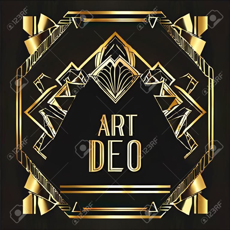 Art Deco vintage gold patterns over black, frames and design elements. Retro party geometric background set 1920s style. Vector illustration for glamour party, thematic wedding or textile prints.