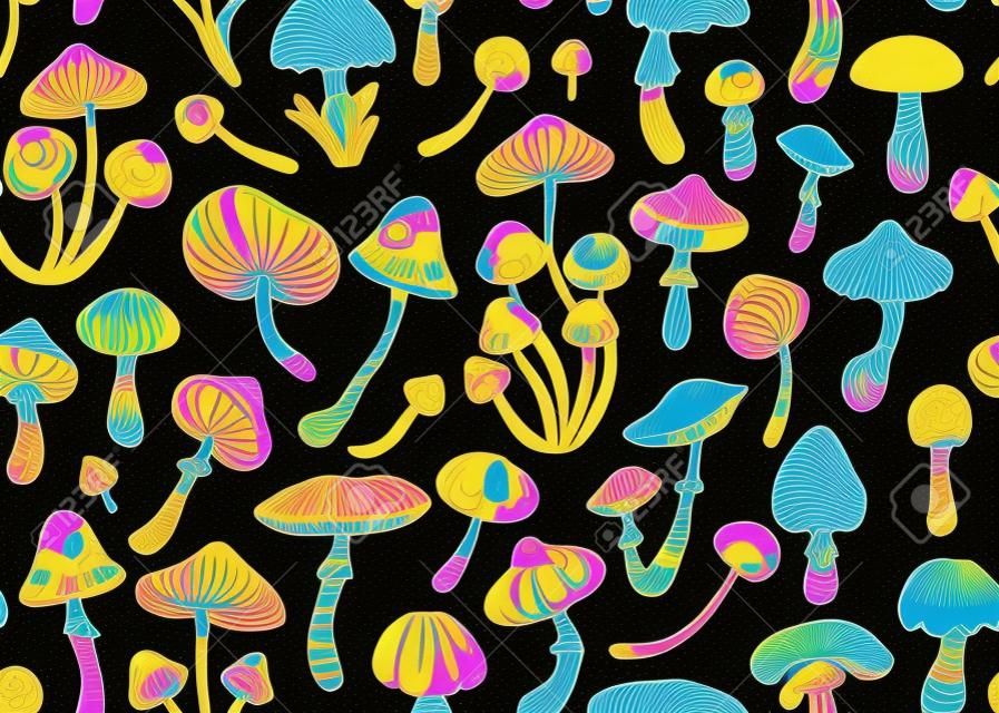 Magiczne grzyby wzór. halucynacje psychodeliczne. Hipisowska kolorowa sztuka z lat 60. vintage psychodeliczna tkanina, tkanina, opakowanie, tapeta. powtarzająca się ilustracja wektorowa.