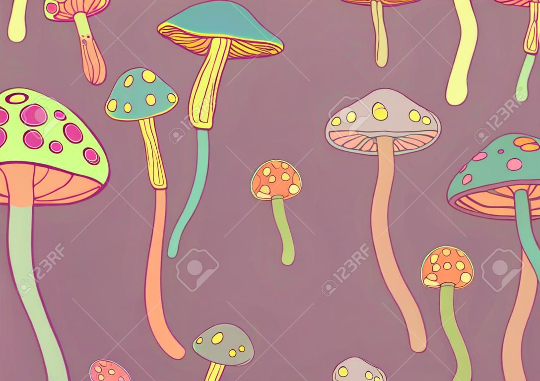 Cogumelos mágicos. Alucinação psicodélica. Ilustração vetorial vibrante. Fundo colorido hippie dos anos 60, textura hippie e boho. Papel de parede ttrippy.