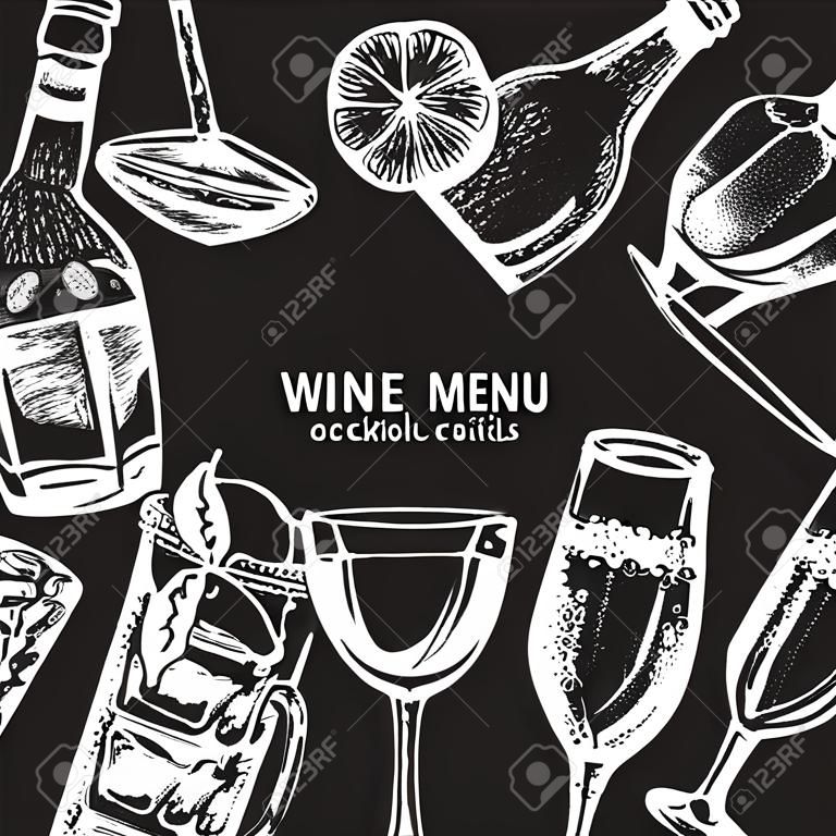 Векторные иллюстрации в стиле рисованной эскиз. Пиво, вино и алкогольные коктейли. Дизайн меню бара и паба. Шаблон для открытки, плаката, баннера и футболки