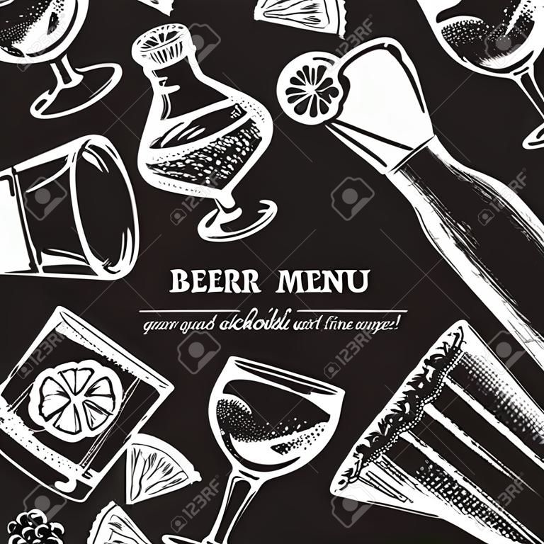 Ilustração vetorial no estilo de desenho de mão desenhada. Cerveja, vinho e coquetéis alcoólicos. Bar e pub menu design. Modelo para banner de cartaz de cartão e t-shirt
