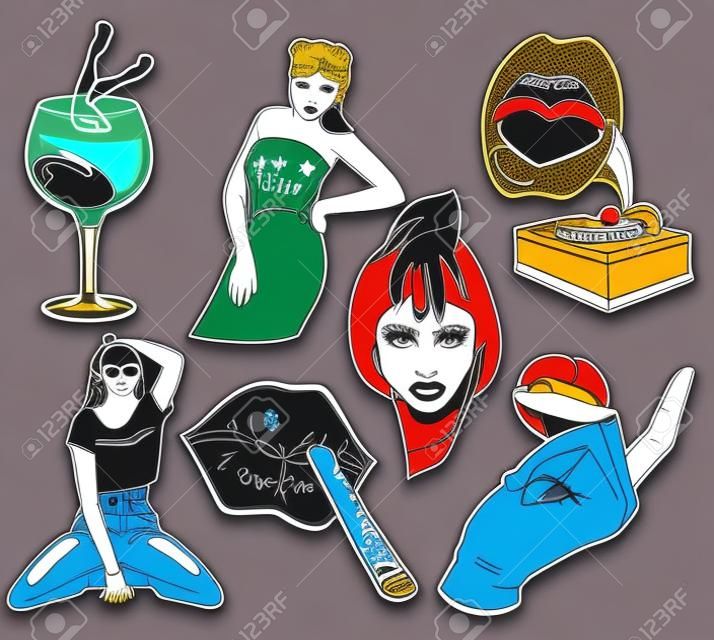 Vector hand drawn collection of pins and fashion badges. Template for card, poster, banner, print for t-shirt